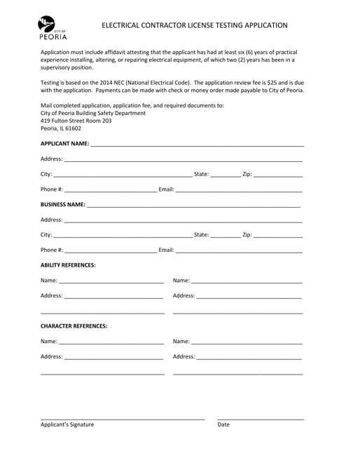 Electrical Contractor License Testing Application - City of Peoria, Illinois Download Pdf