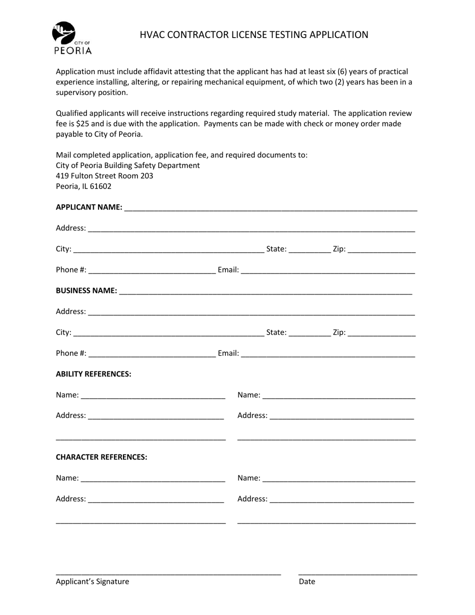 City of Peoria, Illinois HVAC Contractor License Testing Application