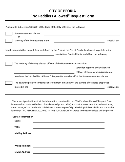 No Peddlers Allowed Request Form - City of Peoria, Illinois Download Pdf