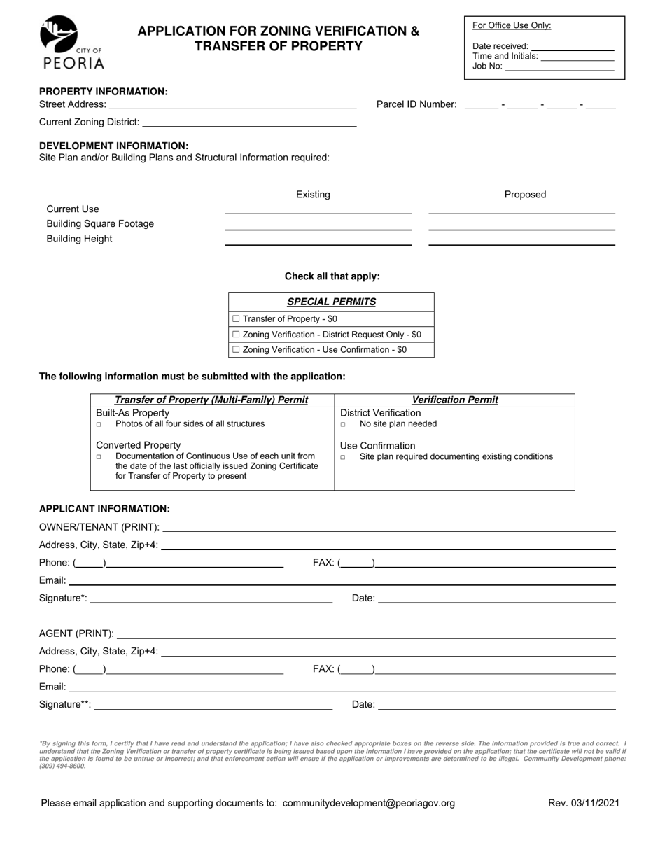 City of Peoria, Illinois Application for Zoning Verification & Transfer