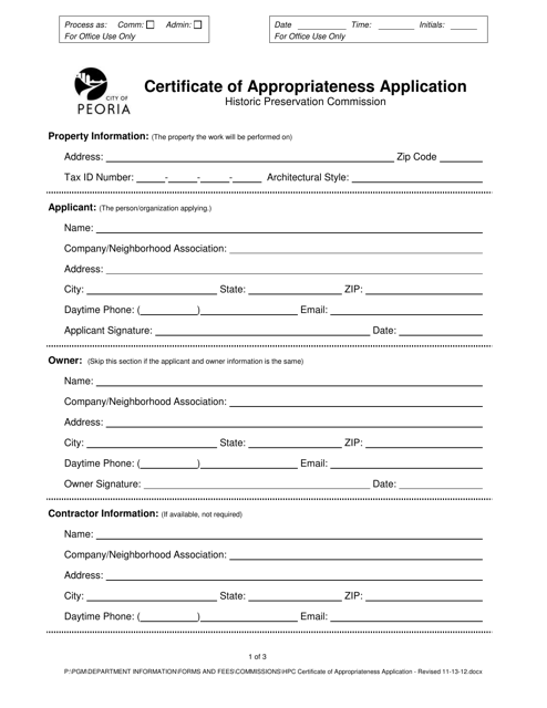 Certificate of Appropriateness Application - City of Peoria, Illinois Download Pdf
