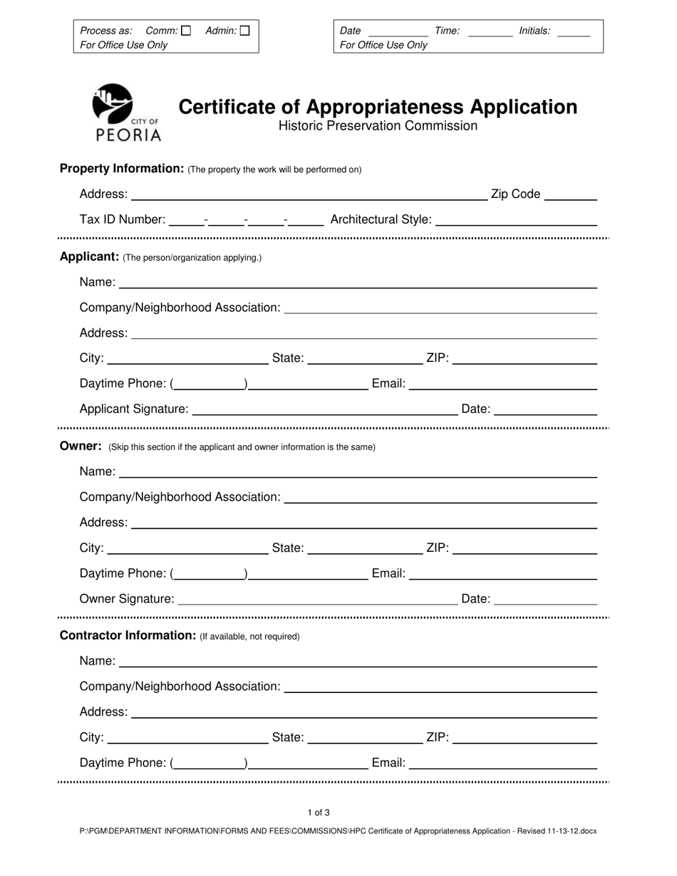 Certificate of Appropriateness Application - City of Peoria, Illinois, Page 1