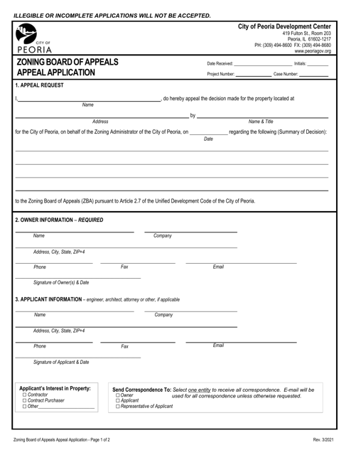 Zoning Board of Appeals Appeal Application - City of Peoria, Illinois Download Pdf