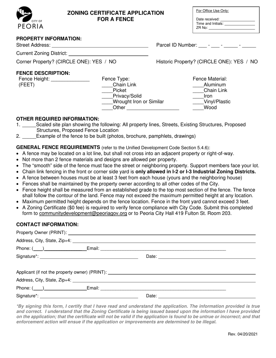 Zoning Certificate Application for a Fence - City of Peoria, Illinois, Page 1