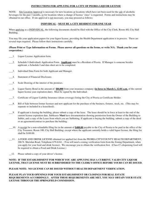 Instructions for Liquor License Application - Individual - City of Peoria, Illinois Download Pdf