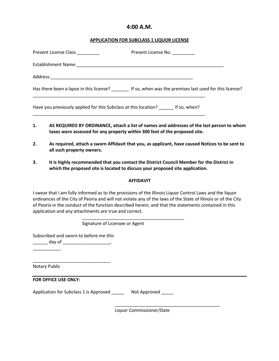 Application for Subclass 1 Liquor License - 4am - City of Peoria, Illinois, Page 1