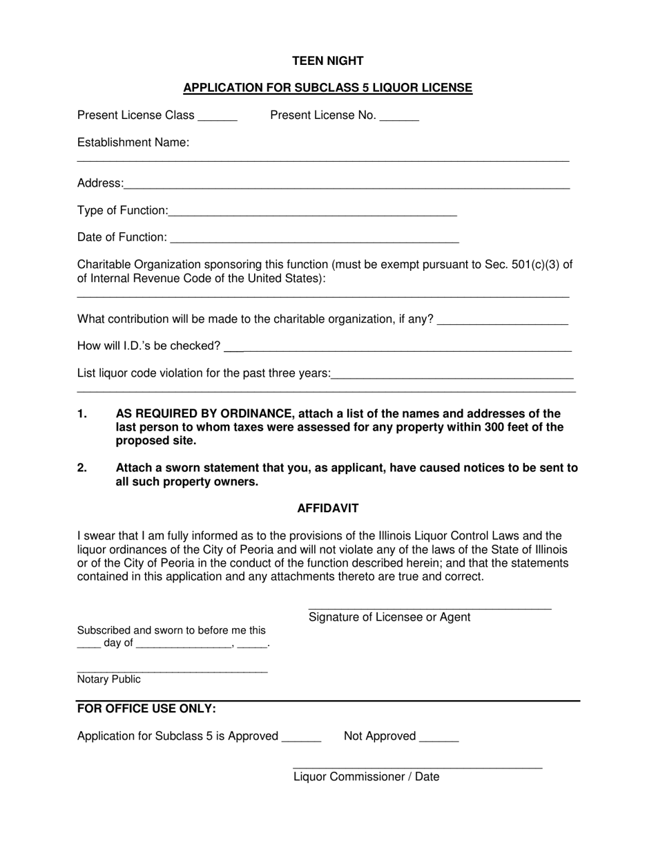 Application for Subclass 5 Liquor License - Teen Night - City of Peoria, Illinois, Page 1
