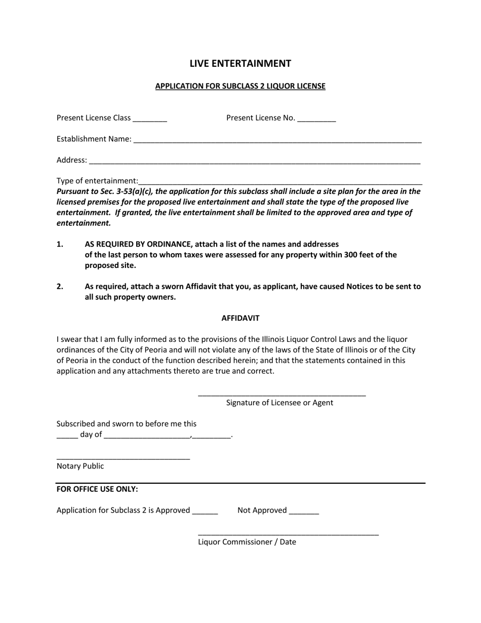 Application for Subclass 2 Liquor License - Live Entertainment - City of Peoria, Illinois, Page 1