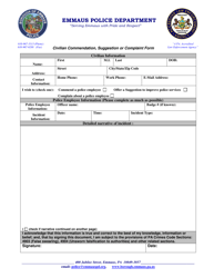 Civilian Commendation, Suggestion or Complaint Form - Borough of Emmaus, Pennsylvania, Page 2