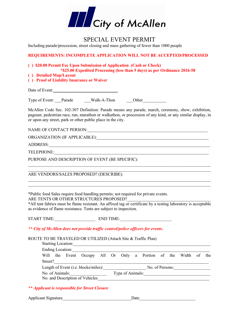 Special Event Permit - City of McAllen, Texas, Page 1