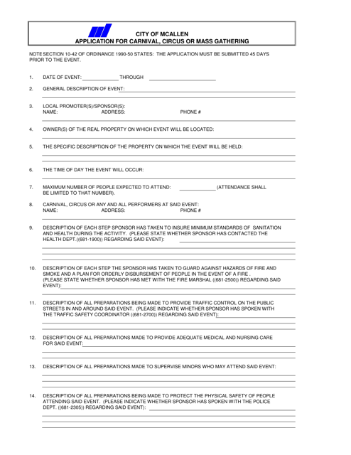 Application for Carnival, Circus or Mass Gathering - City of McAllen, Texas