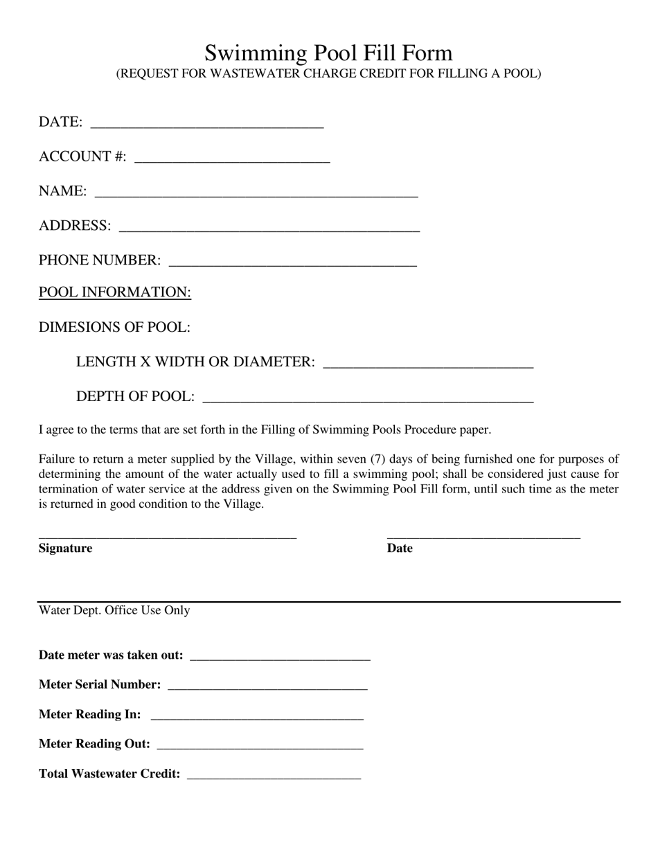 Swimming Pool Fill Form - Village of Spencerville, Ohio, Page 1