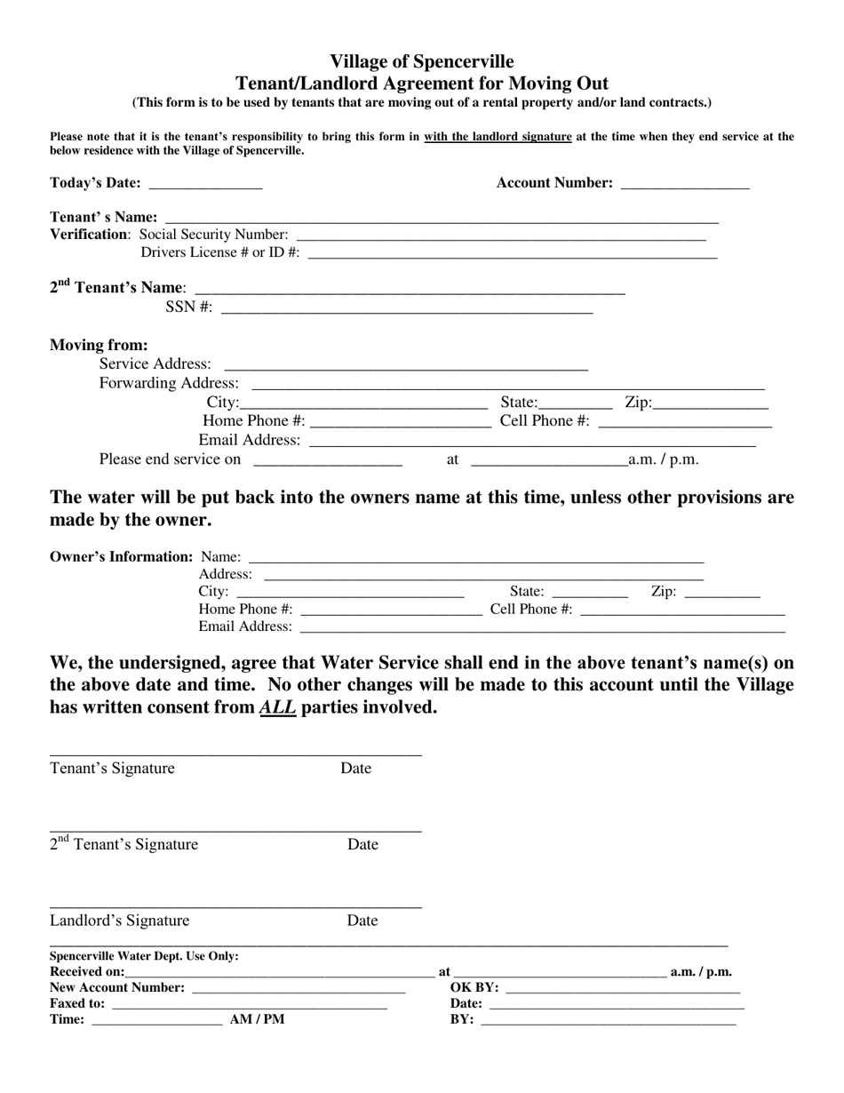 Tenant / Landlord Agreement for Moving out - Village of Spencerville, Ohio, Page 1