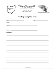 Document preview: Garbage Complaint Form - Village of Spencerville, Ohio