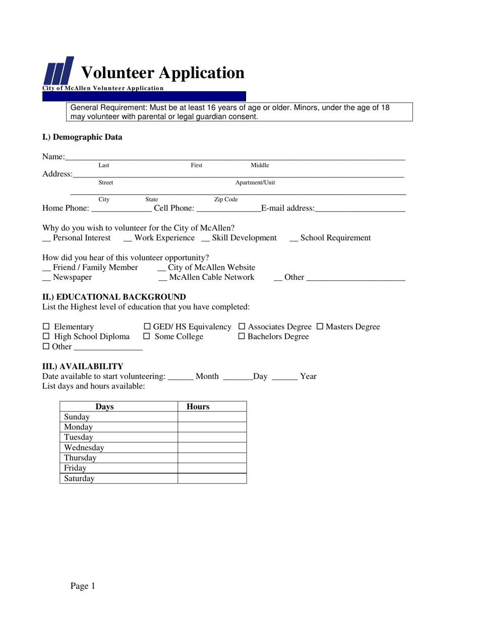 Volunteer Application - City of McAllen, Texas, Page 1