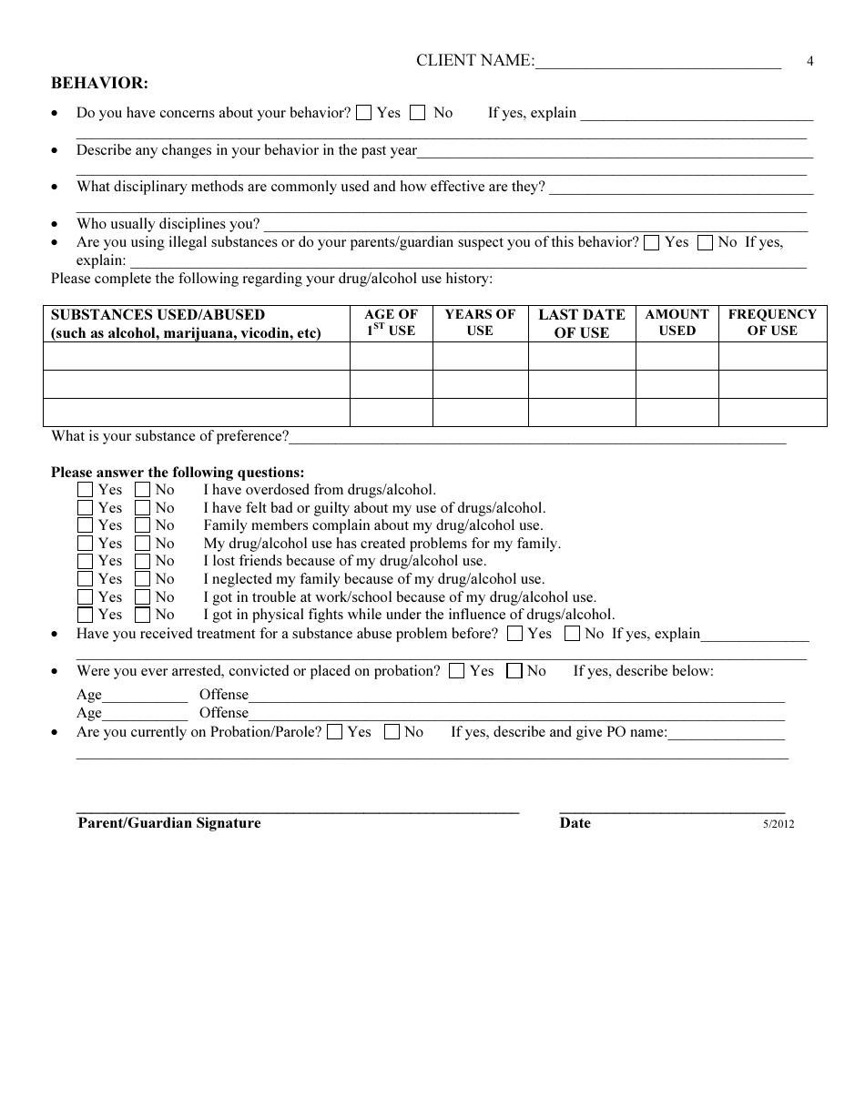 Adolescent Psychosocial Assessment Form - List Psychological Services, Plc, Page 4