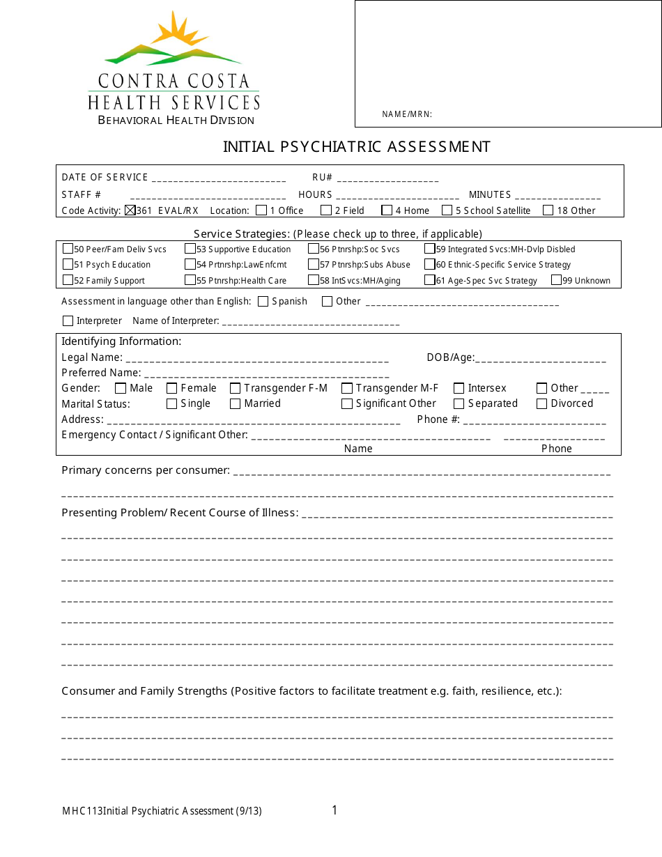 Initial Psychiatric Assessment Form - Contra Costa Health Services, Page 1