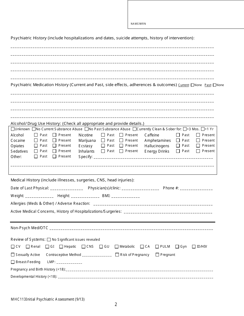 Initial Psychiatric Assessment Form - Contra Costa Health Services ...