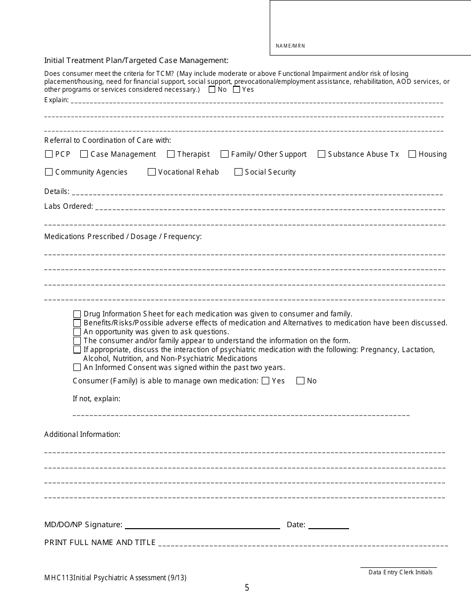 Initial Psychiatric Assessment Form - Contra Costa Health Services, Page 5