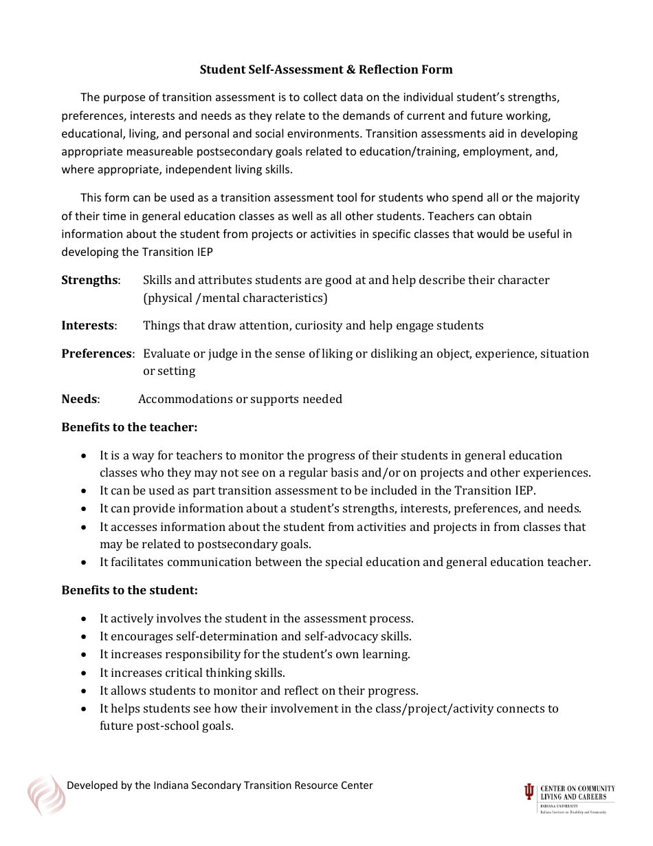 Student Self-assessment  Reflections Form - Indiana Secondary Transition Resource Center, Page 2