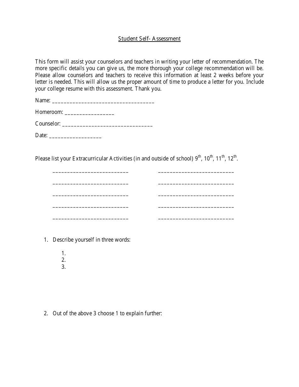 Student Self-assessment Form, Page 1