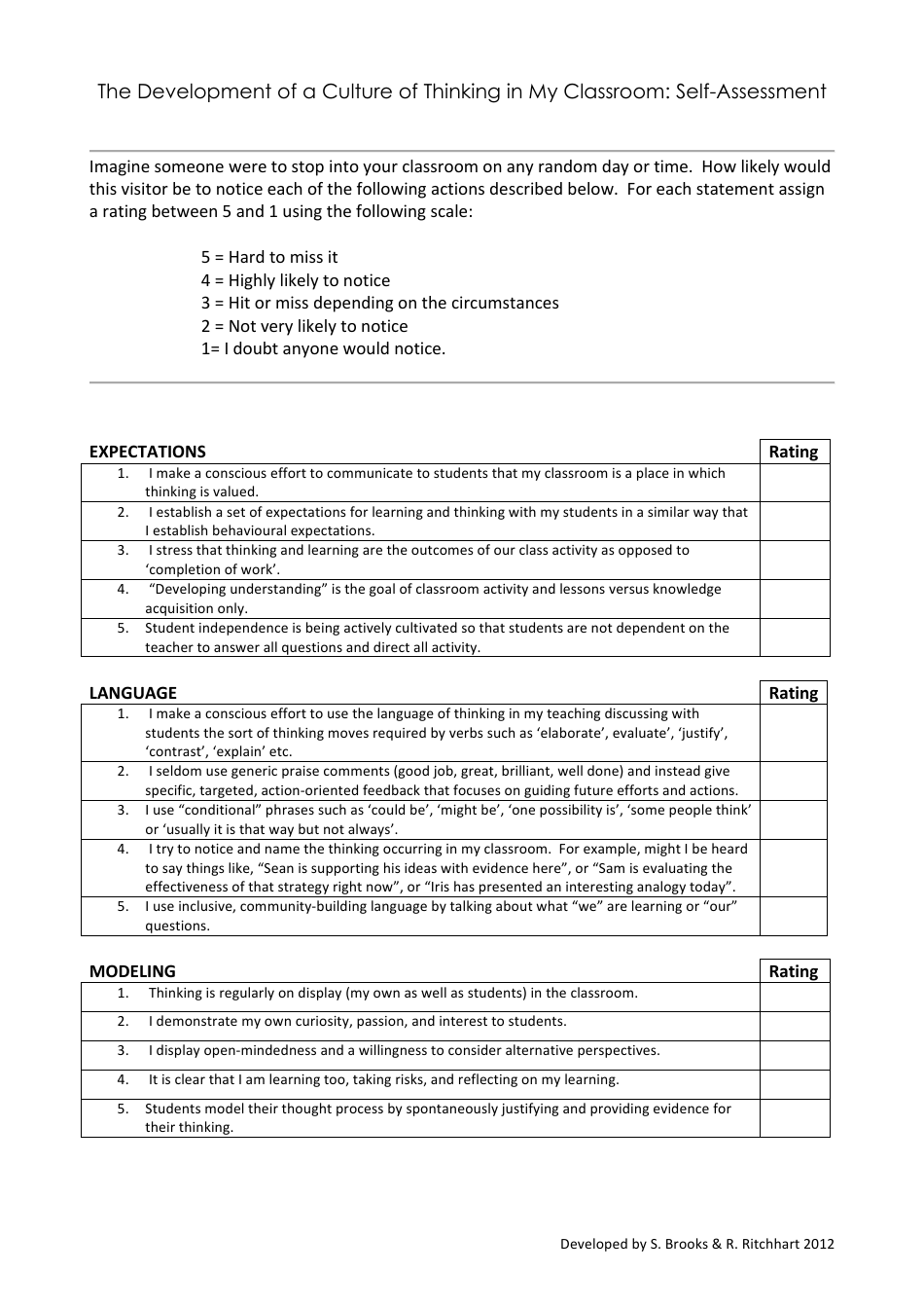 Thinking Development Self-assessment Form, Page 1