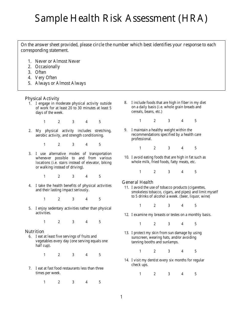 Sample Health Risk Assessment (HRA) Form, Page 1