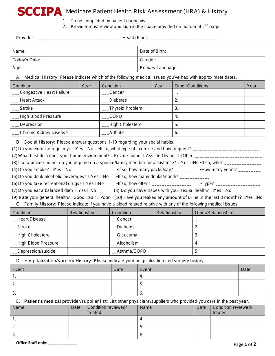 Medicare Patient Health Risk Assessment (HRA)  History Form - Sccipa - Santa Clara County, California, Page 1