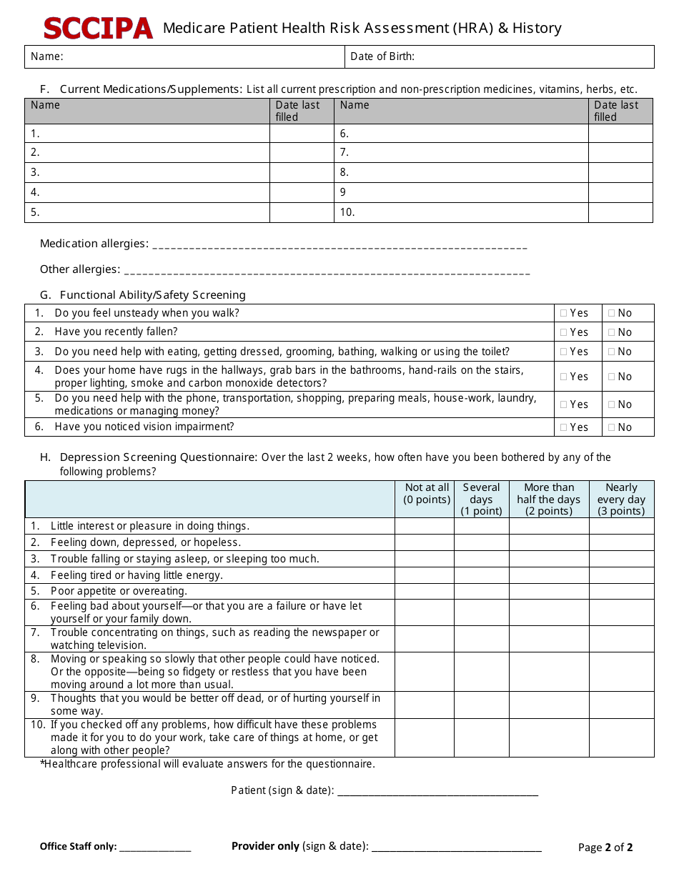 Medicare Patient Health Risk Assessment (HRA)  History Form - Sccipa - Santa Clara County, California, Page 2