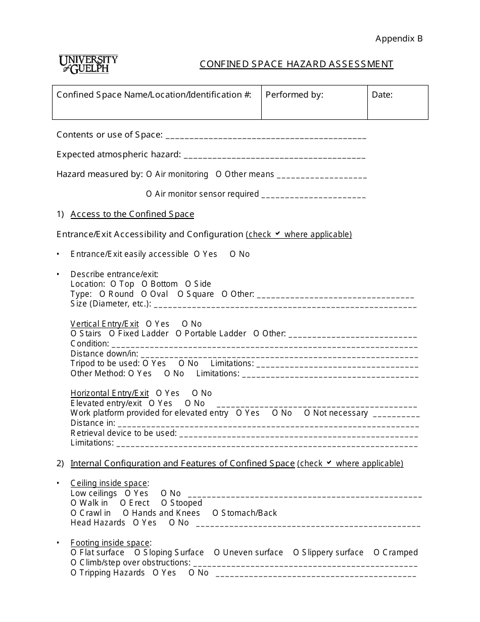 Confined Space Hazard Assessment Form - University of Guelph, Page 1