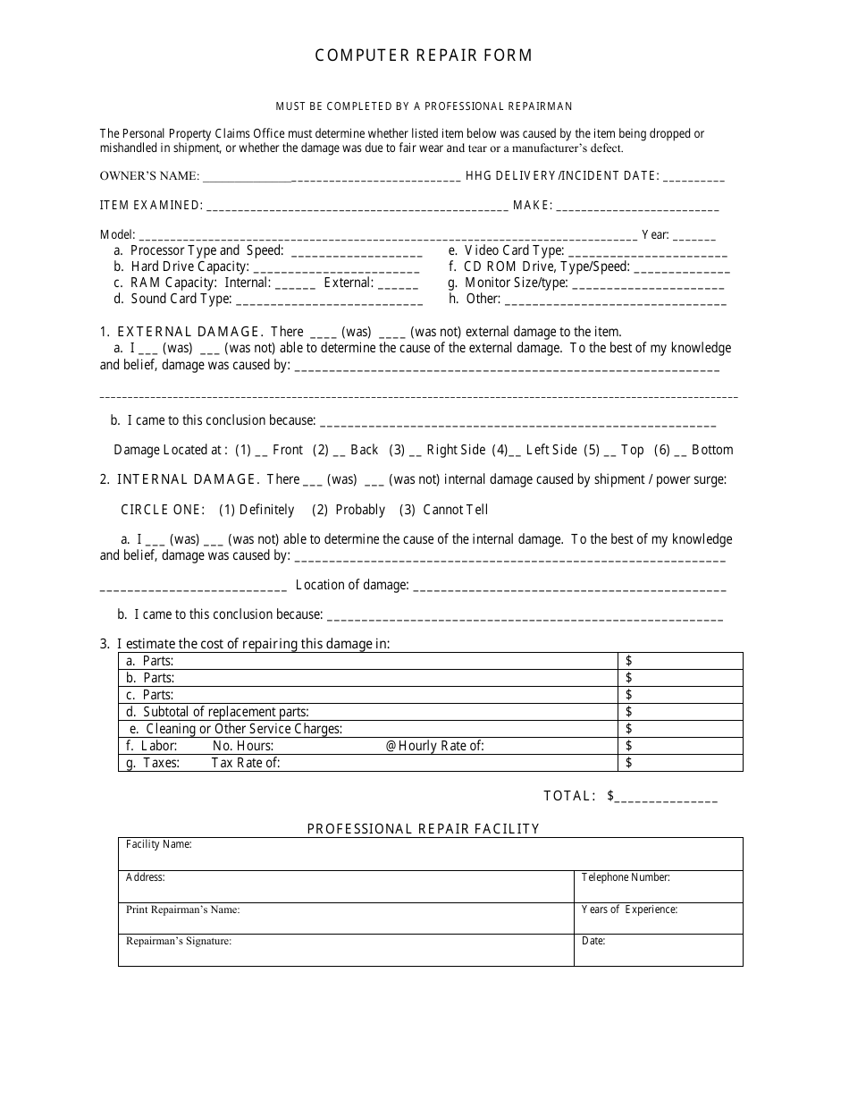 Computer Repair Form Fill Out, Sign Online and Download PDF