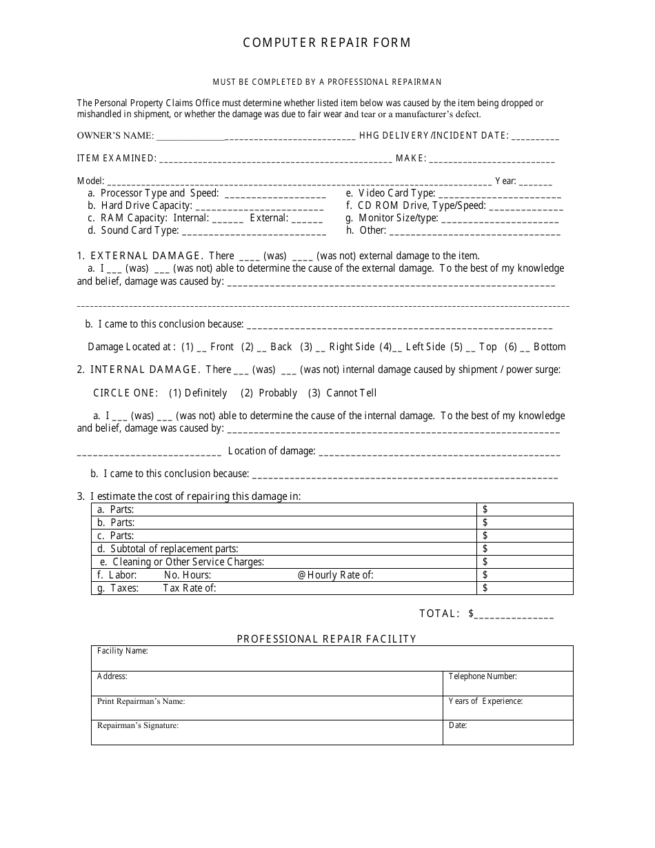 Computer Repair Form, Page 1