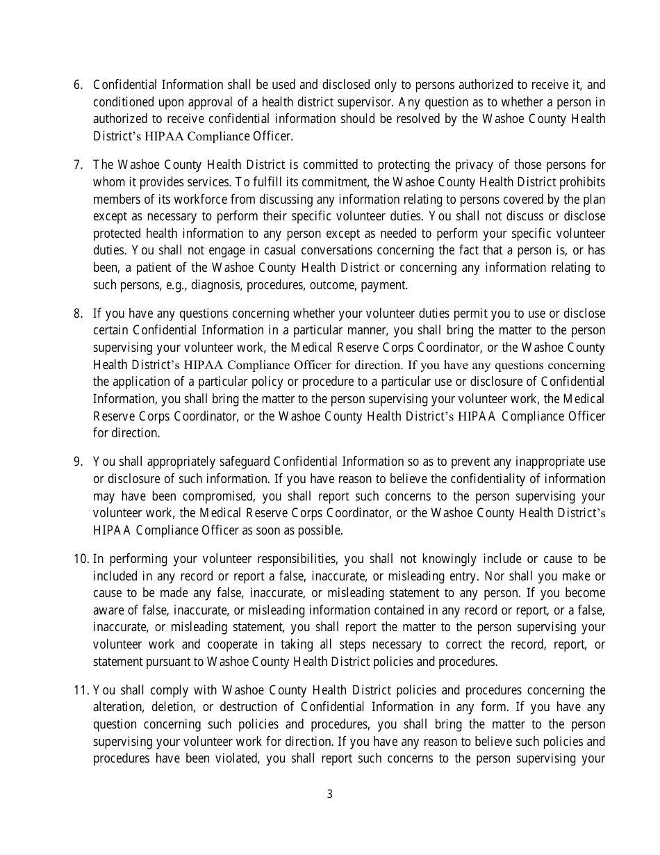 Medical Reserve Corps Volunteer HIPAA Confidentiality Agreement Form - Washoe County, Nevada, Page 3