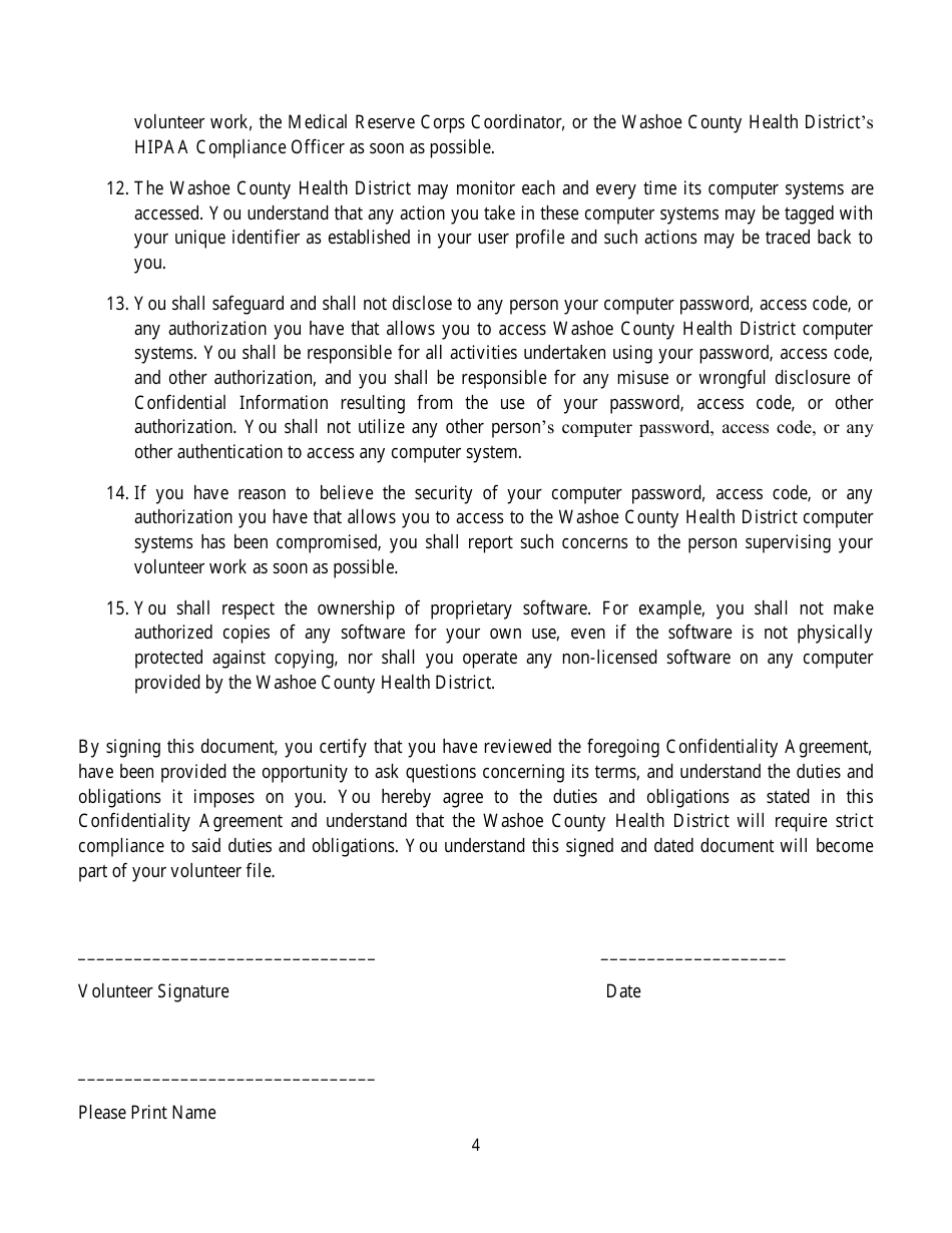Medical Reserve Corps Volunteer HIPAA Confidentiality Agreement Form - Washoe County, Nevada, Page 4