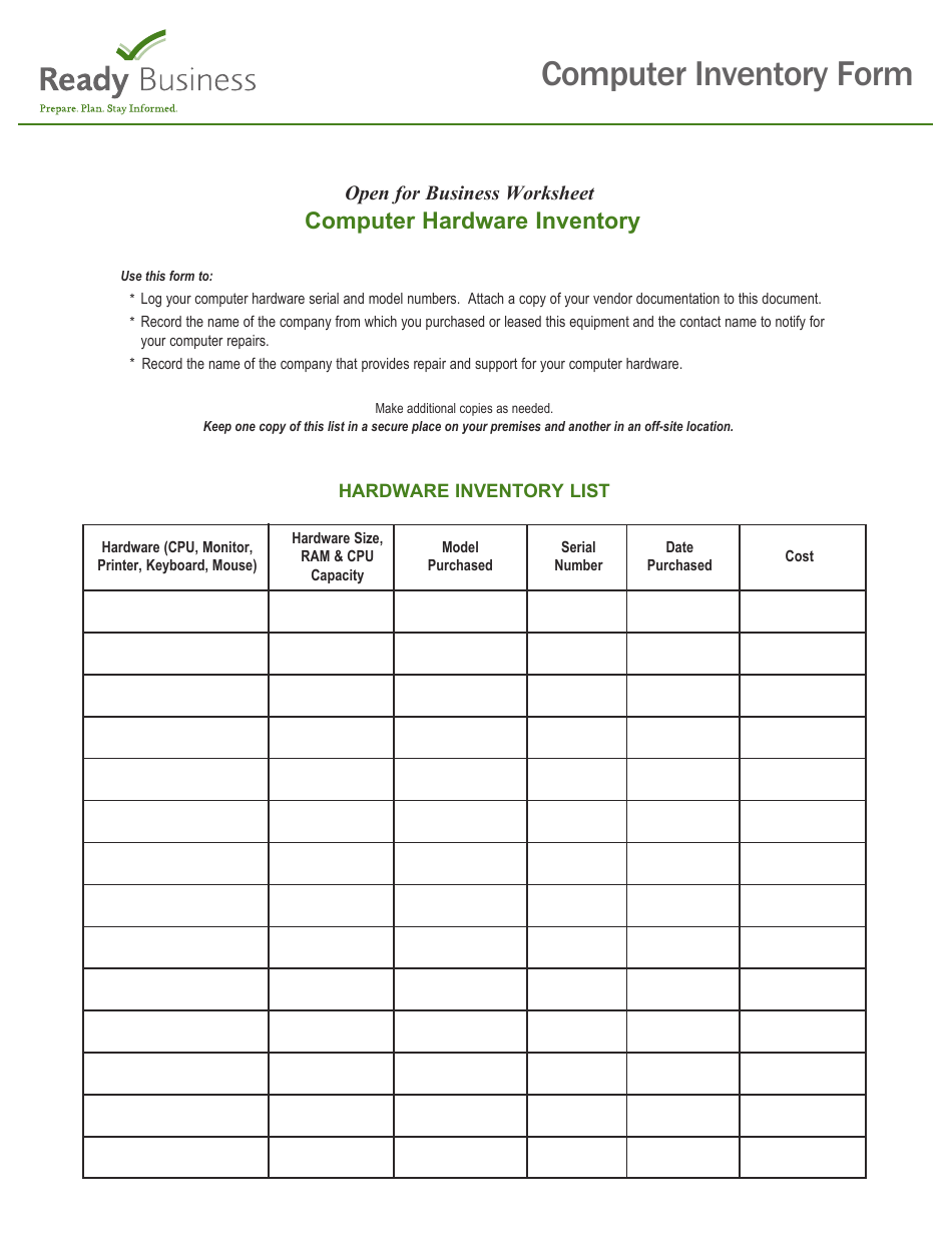 Computer Hardware Inventory Form - Ready Business, Page 1