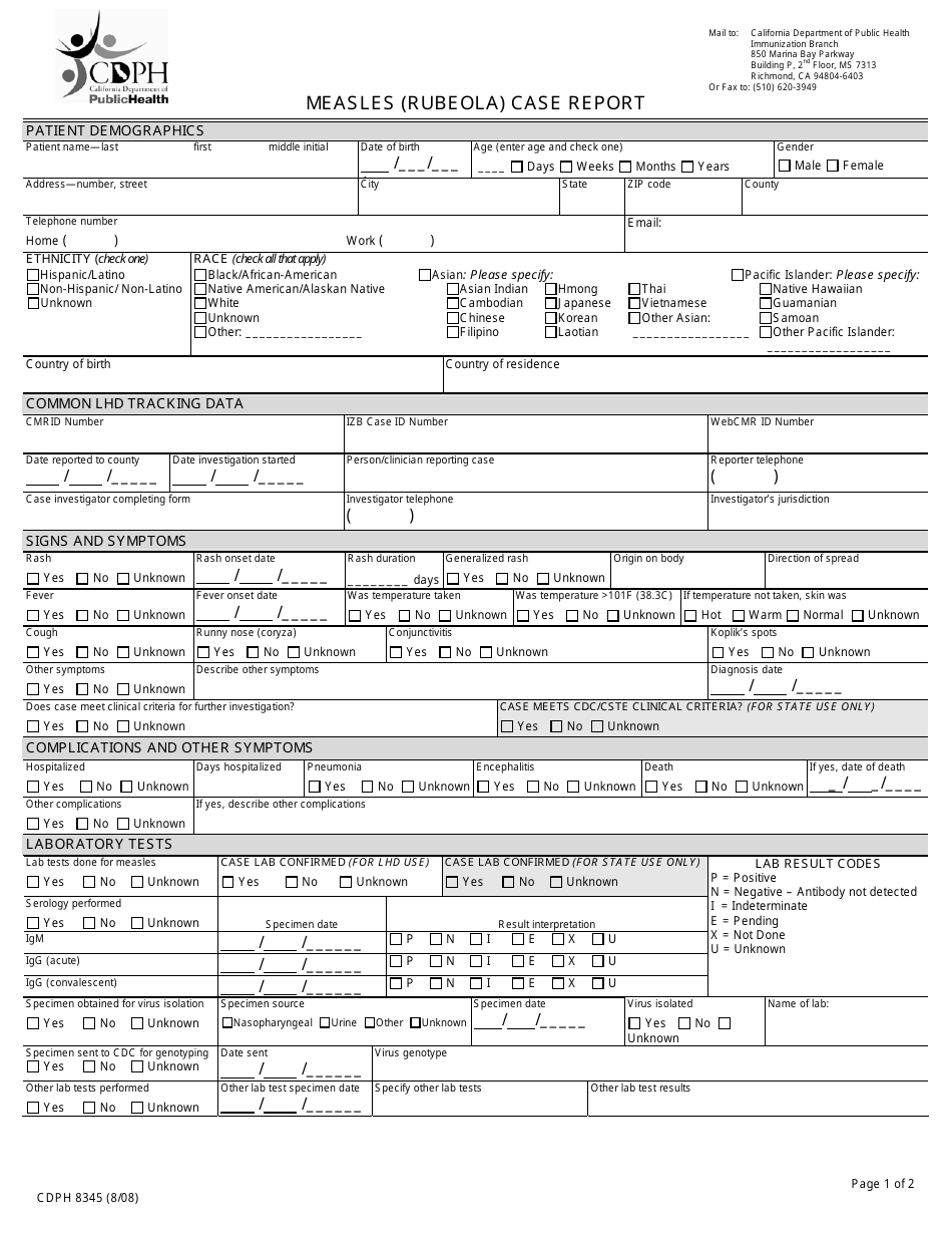 Form CDPH8345 Measles (Rubeola) Case Report - California, Page 1
