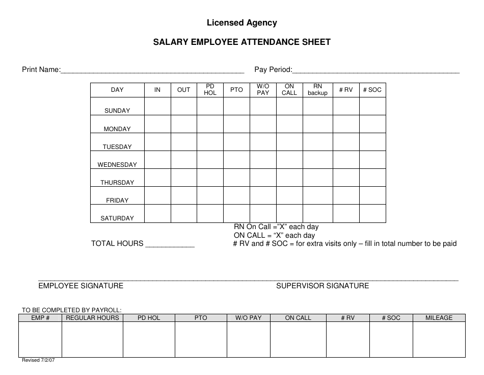 Salary Employee Attendance Sheet, Page 1
