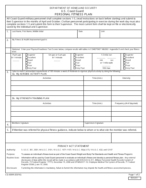 Form CG-6049 Personal Fitness Plan