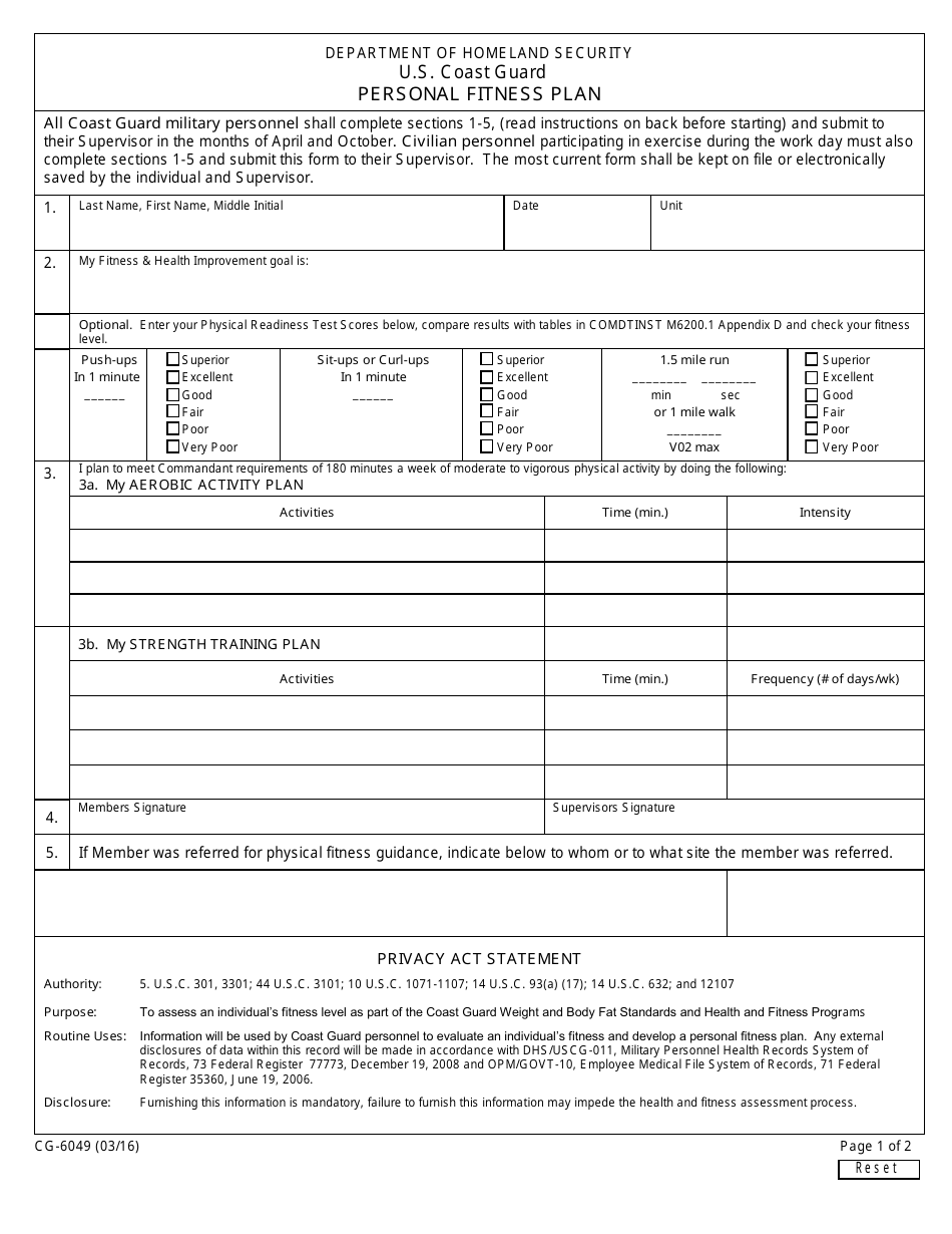Form CG-6049 Personal Fitness Plan, Page 1