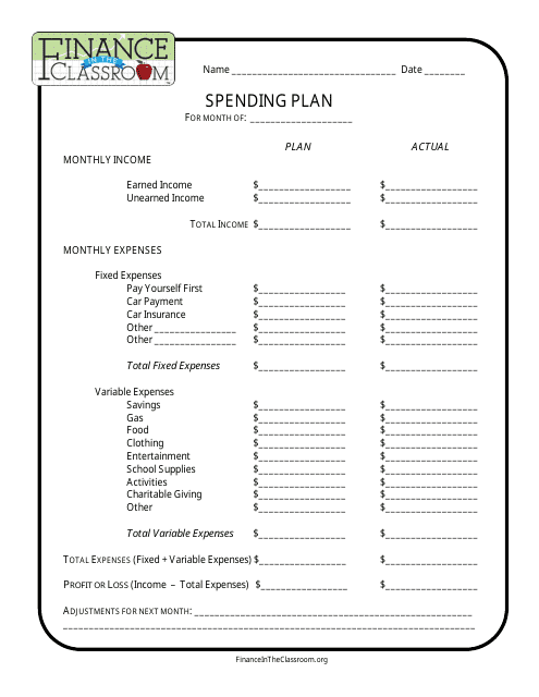 &quot;Spending Plan Template - Finance in the Classroom&quot; Download Pdf