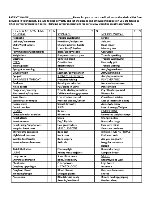 Medical Symptoms Checklist Template