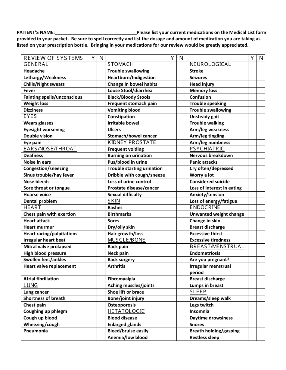 Medical Symptoms Checklist Template, Page 1