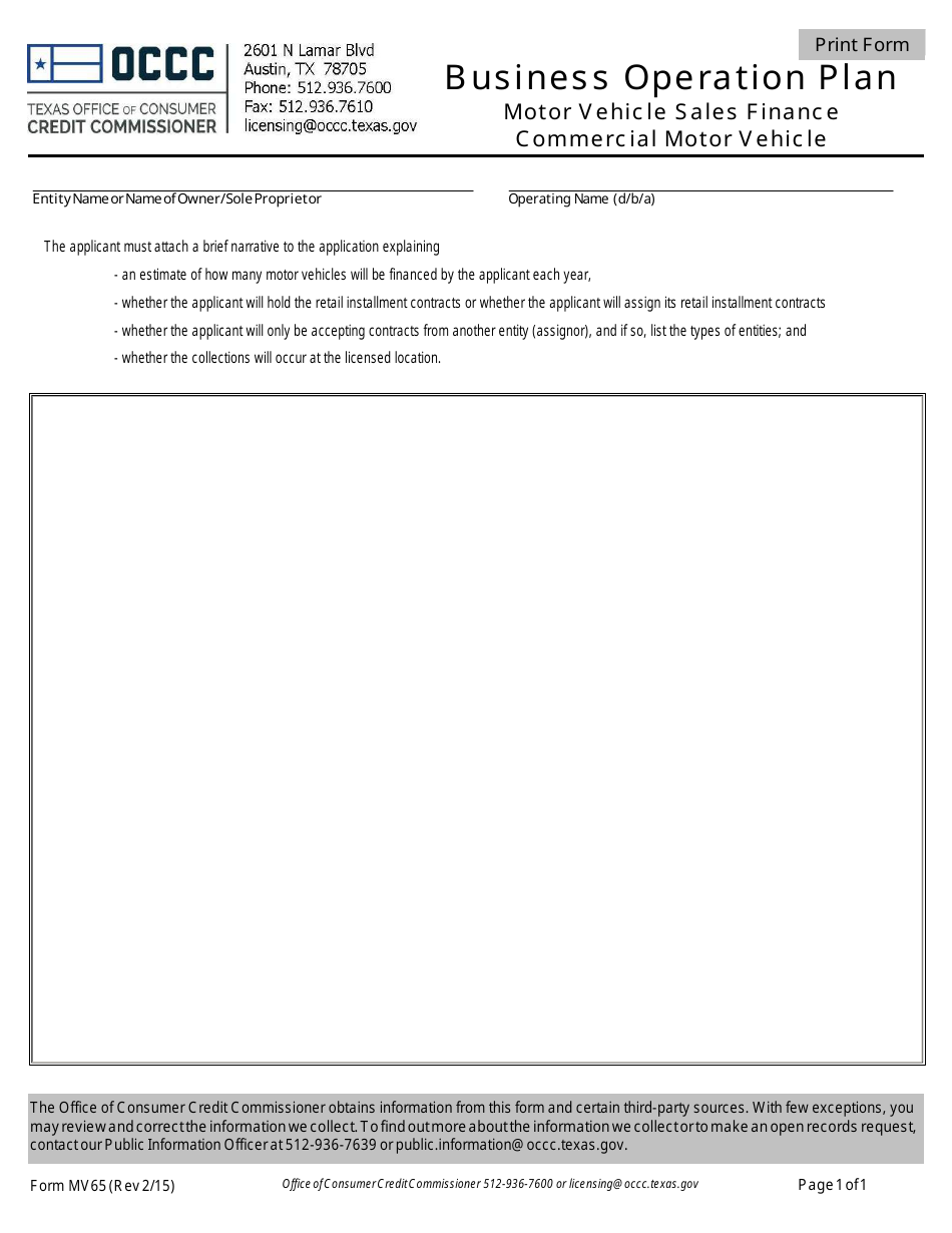Form MV65 Business Operation Plan - Motor Vehicle Sales Finance, Commercial Motor Vehicle - Austin, Texas, Page 1