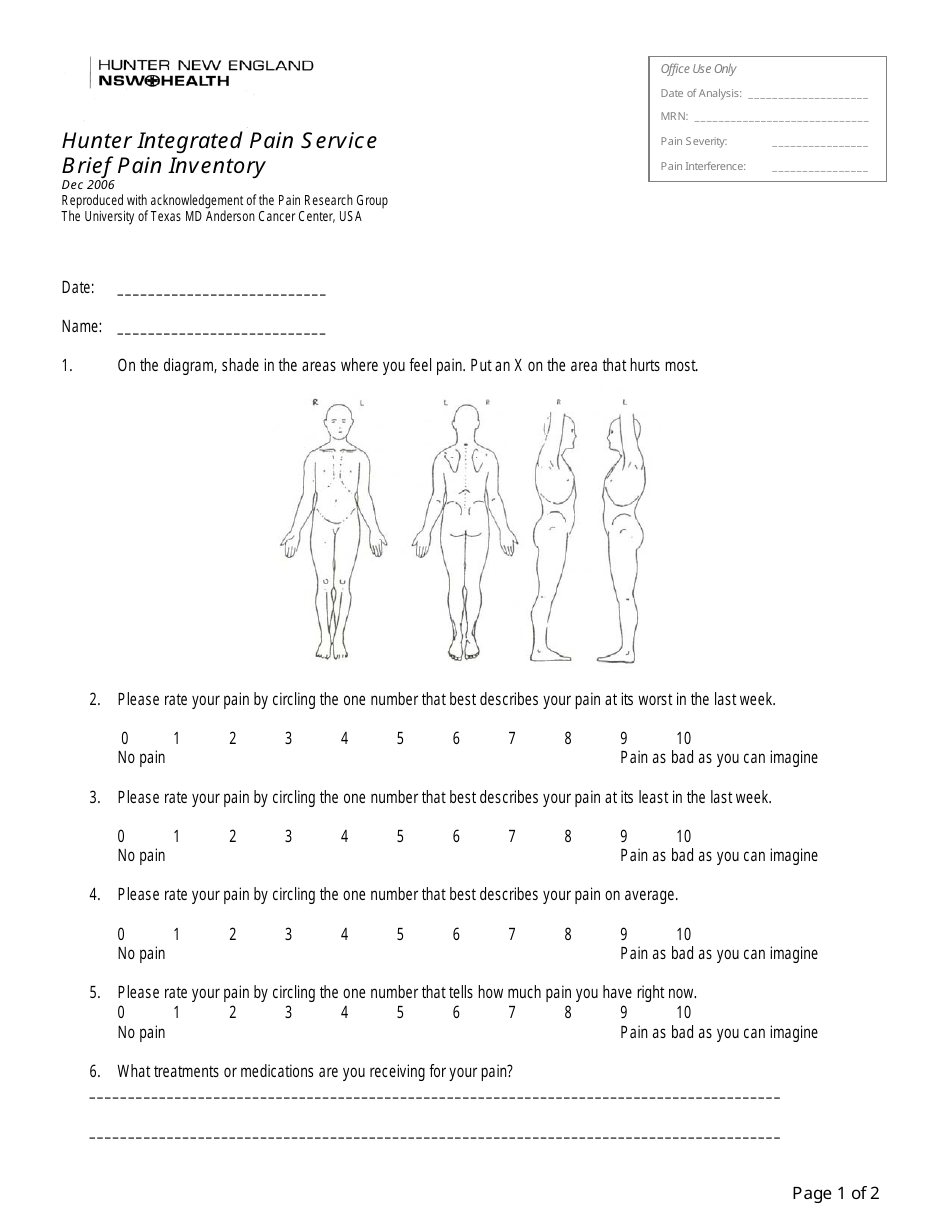 Brief Pain Inventory Assessment Template - Hunter Integrated Pain Service, Page 1