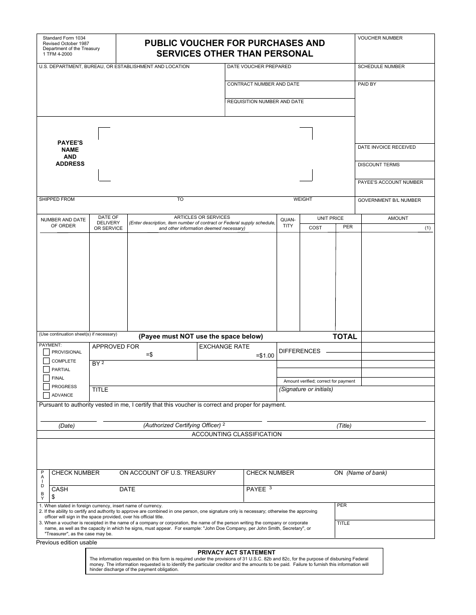 Form SF-1034 Public Voucher for Purchases and Services Other Than Personal, Page 1