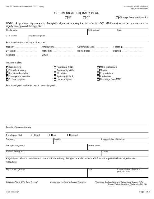 Form DHCS4505 Ccs Medical Therapy Plan - California