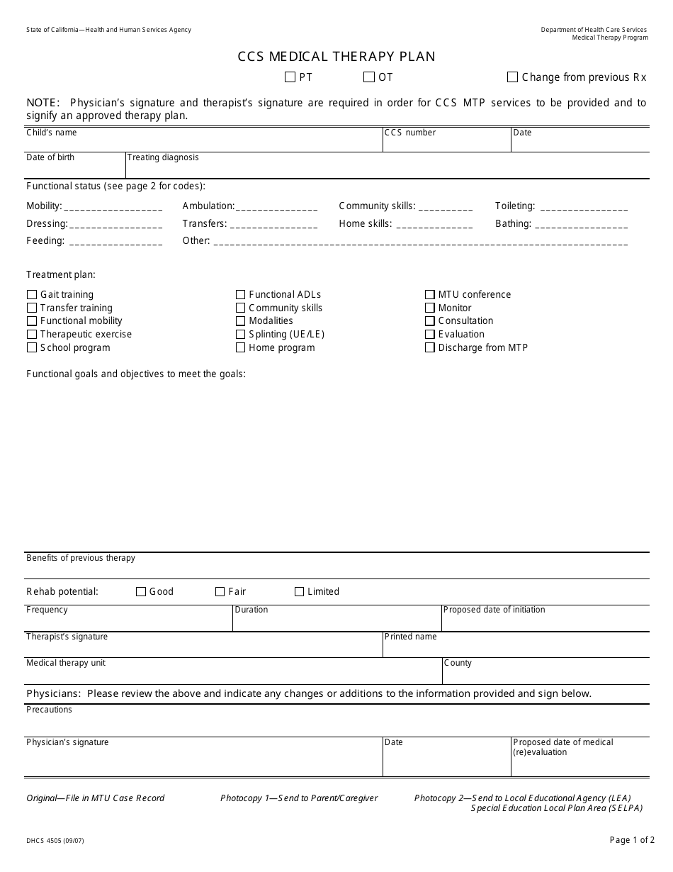 Form DHCS4505 Fill Out, Sign Online and Download Fillable PDF
