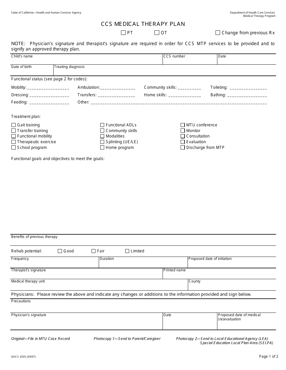Form DHCS4505 Ccs Medical Therapy Plan - California, Page 1