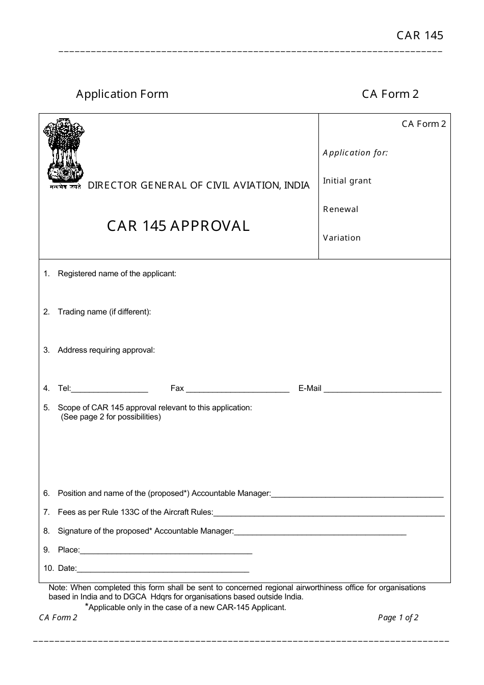 CA Form 2 Car 145 Approval Application Form - India, Page 1