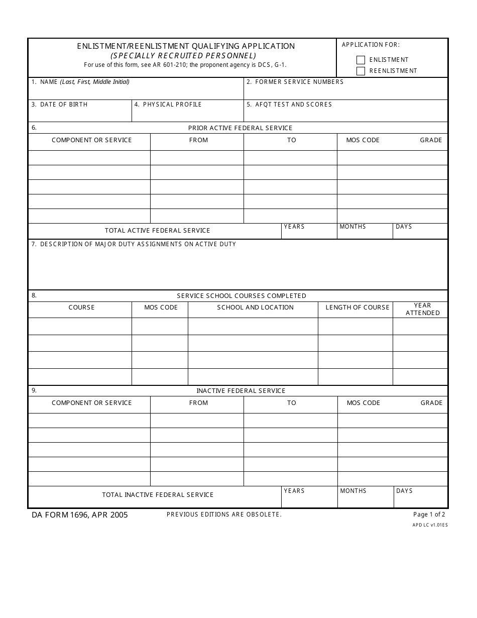 DA Form 1696 Vaccine Consent and Assessment, Page 1